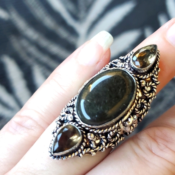 New Silver Sheen Obsidian & Smoky Topaz 925 Silver Statement Ring. - Picture 4 of 13